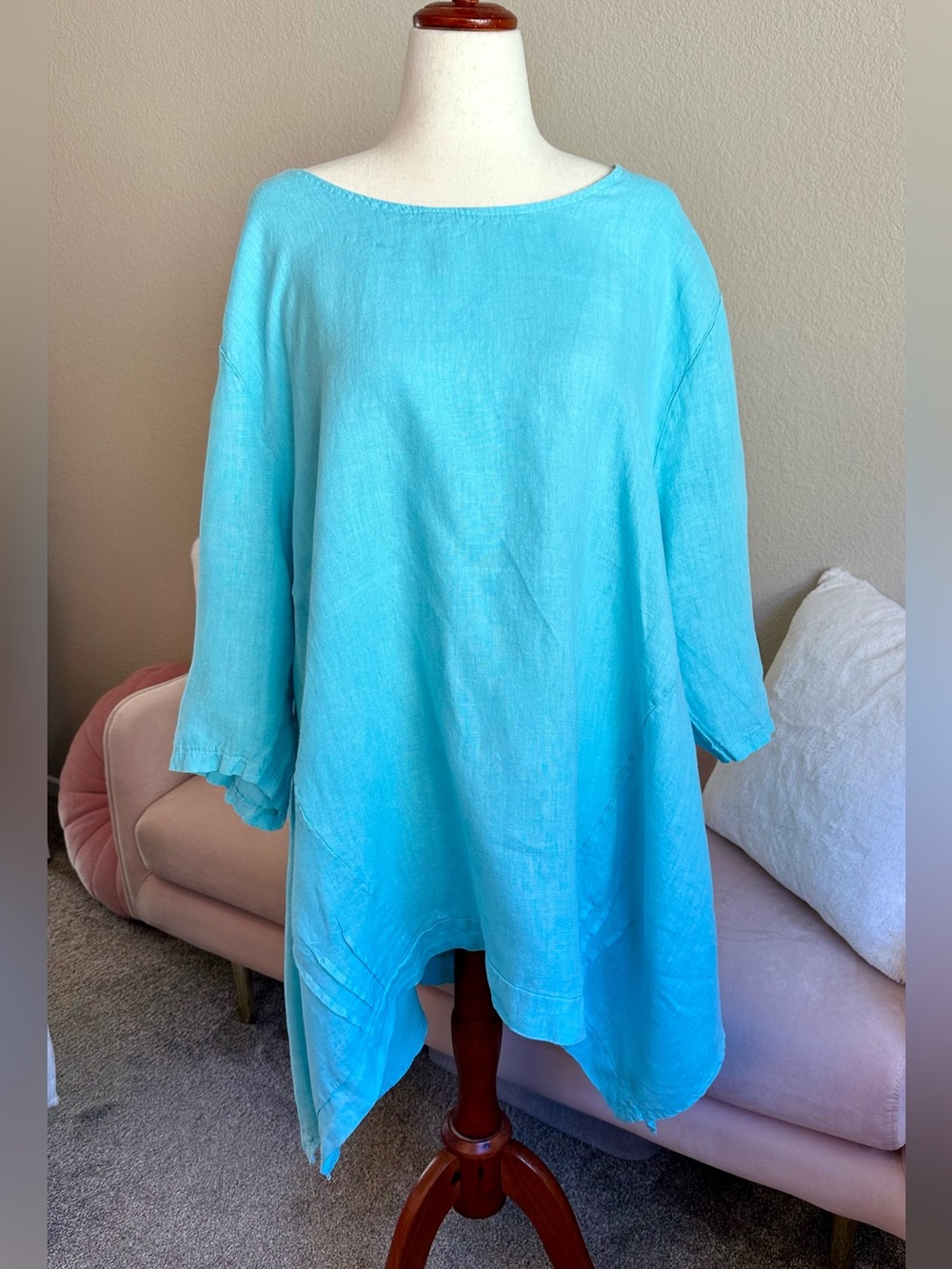 100% Linen Kaftan Style Cover Up Top Turquoise Blue Asymmetrical One Size/Large